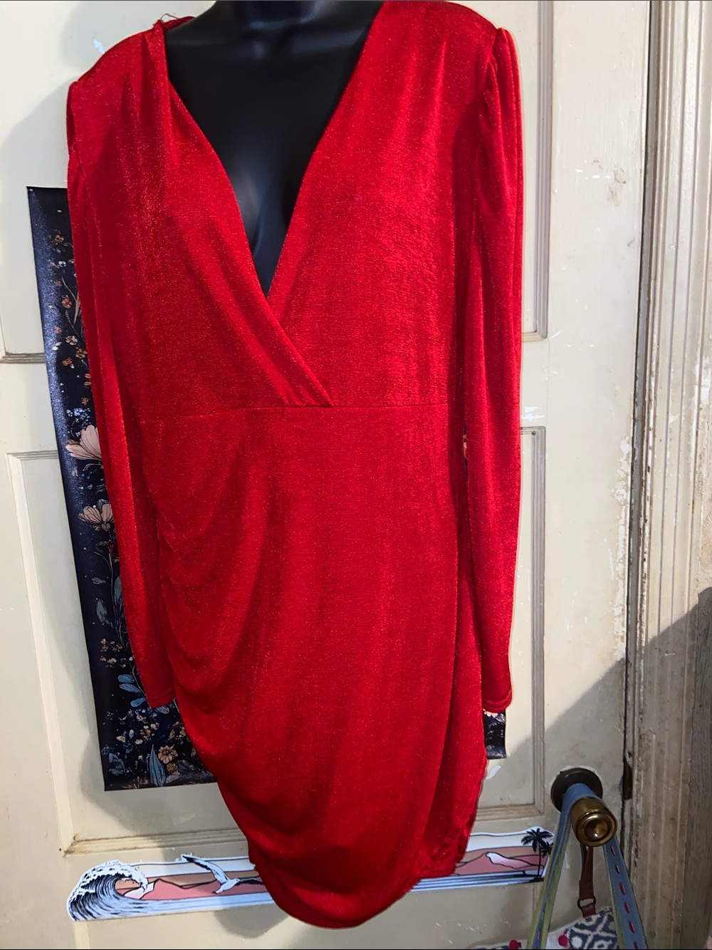 NWT RED FAUX WRAP DRESS Deep V Flattering BOOHOO